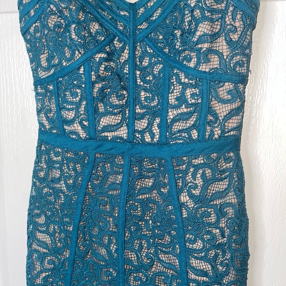 HARLYN x ANTHRO Teal Corset Bodycon Lace Midi Cocktail Dress Size XS - Picture 4 of 8